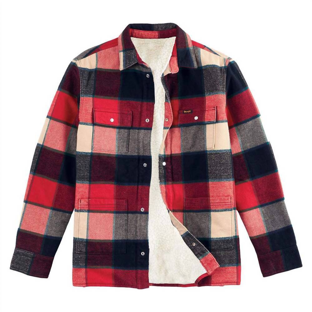 NEW WRANGLER boys' racing plaid flannel sherpa lined shirt jacket in red multi
